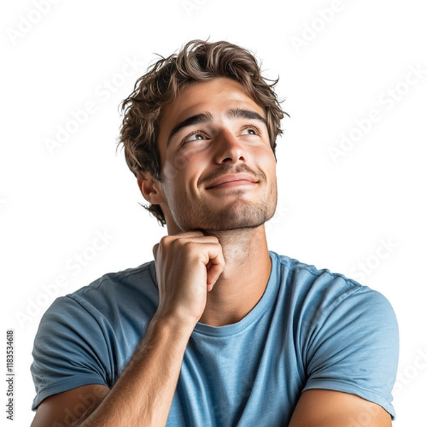 Fototapeta Smiling man in blue t-shirt, hand on chin, thinking about something amazing, isolated on a transparent background.
