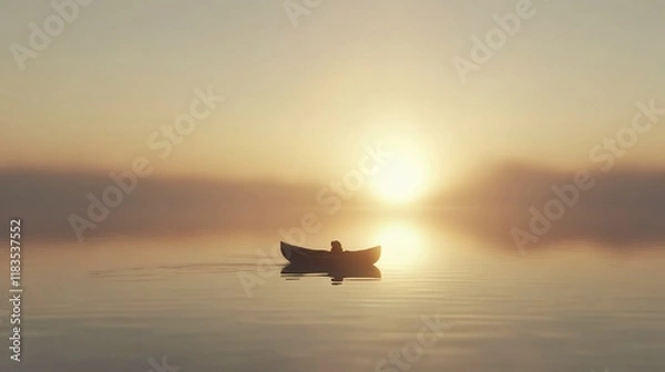 Obraz Solitude at Sunrise: A lone boat on a tranquil lake, bathed in the warm glow of the morning sun, creating a serene and peaceful atmosphere.