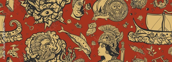 Fototapeta Ancient Greece seamless pattern. Antique ceramic style. Athena and Zeus, greek olympic god, old boat, olive, statue head. Historical myths heroes and legends background