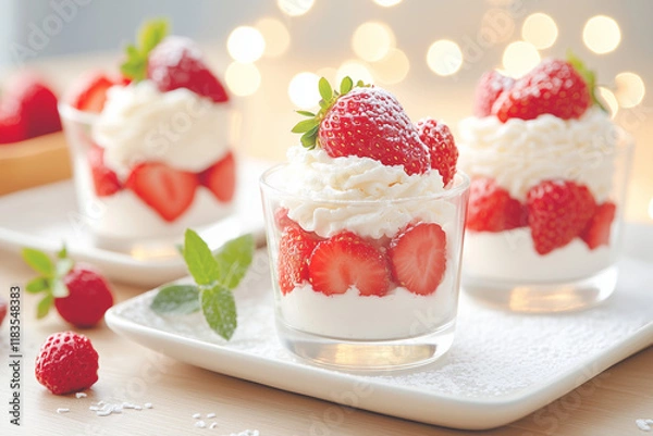 Fototapeta Three strawberry desserts in glass cups with whipped cream