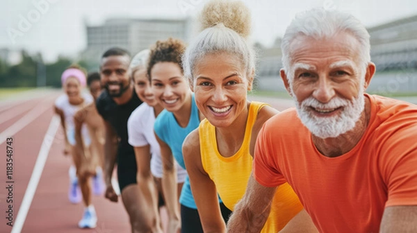 Fototapeta Diverse group of people smiling on running track, showing unity