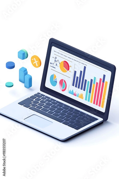 Fototapeta A laptop displaying various data visualizations and graphs, illustrating analytics.