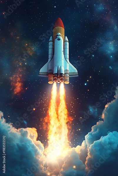 Fototapeta A rocket launching into space, surrounded by clouds and a starry background.