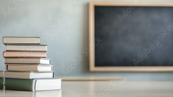 Fototapeta Mindfulness and education promote mental health awareness. A stack of books sits on a table, with a blank chalkboard in the background, suggesting a learning or educational environment.