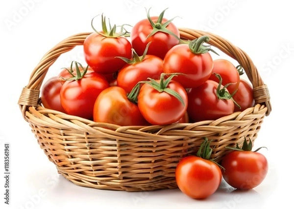 Fototapeta Tomatoes in a wicker basket isolated on a white background.