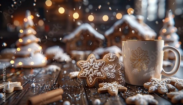 Fototapeta A white mug with a gold snowflake design sits on a wooden table with gingerbread cookies, a gingerbread house and a gingerbread tree. Snow falls in the background.