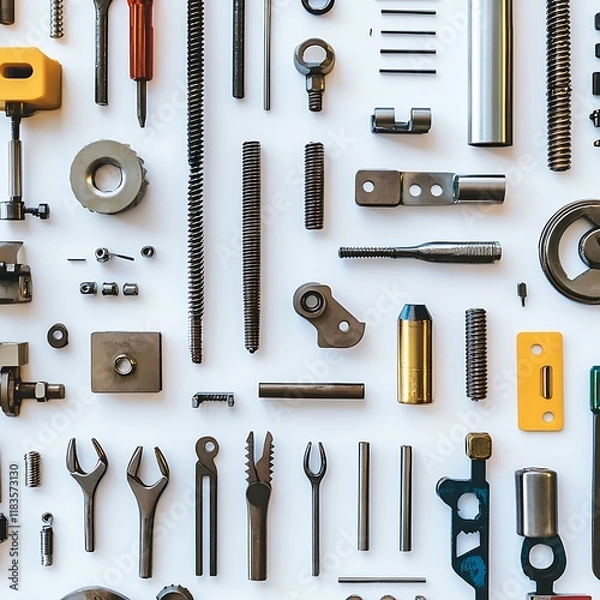 Fototapeta Flatlay industrial parts tools white background workshop