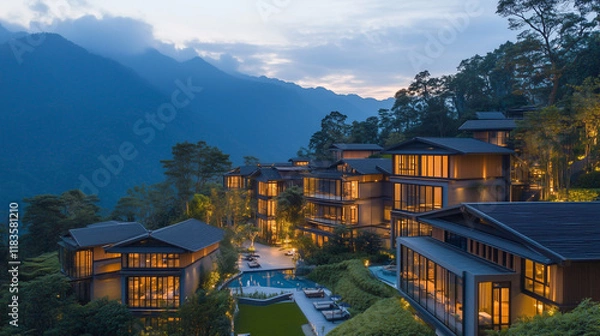 Obraz 日本の山岳温泉地にある落ち着いた雰囲気のリゾートホテルをリアルに描いたAI生成画像