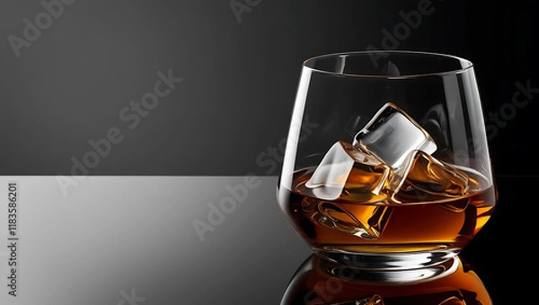 Fototapeta A close-up of a glass of whiskey with large ice cubes against a dark background, showcasing the clarity and texture of the drink and ice