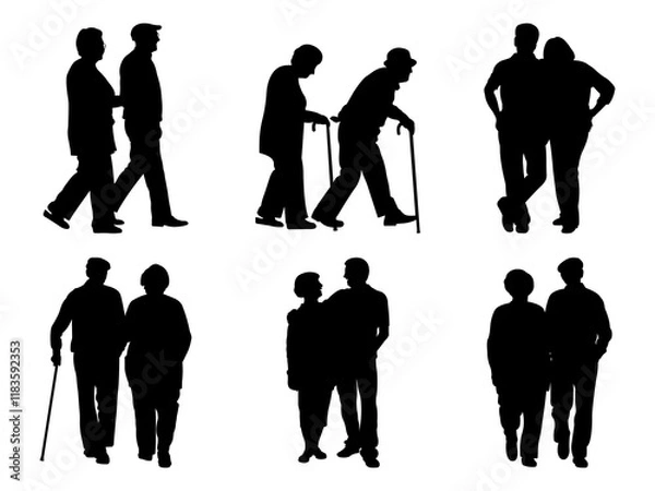Fototapeta Set of Senior Couple Walking Silhouette in various poses isolated on white background