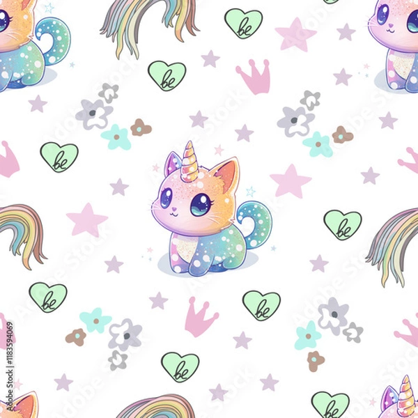 Fototapeta Seamless Pattern with Rainbow Cats and Unicorns. Cute Pastel Unicorn Cats and Melting Rainbows. Adorable Kawaii Caticorns with Stars and Rainbows