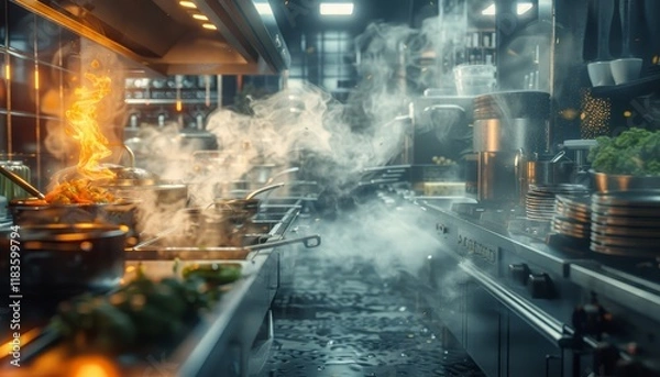 Obraz A commercial kitchen with smoke and fire emanating from a pot on the stove, highlighting the busy nature of a restaurant kitchen.