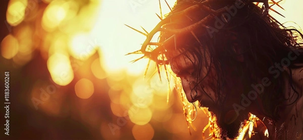 Fototapeta Close-up portrait of christ wearing crown of thorns carrying wooden cross eyes closed depicting pain and suffering