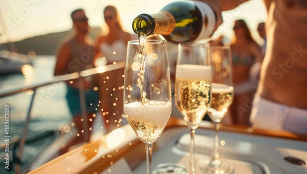 Fototapeta Group of friends having fun together and drinking champagne while sailing in the sea on luxury yacht celebrating the New Year