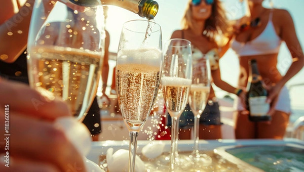 Fototapeta Group of friends having fun together and drinking champagne while sailing in the sea on luxury yacht celebrating the New Year