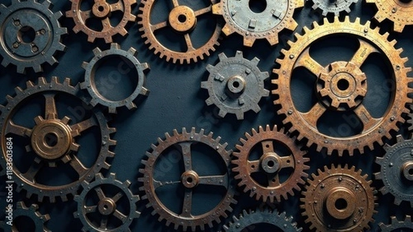 Obraz Intricate Arrangement of Rusty Metal Cogwheels Intermeshed in a Complex System of Mechanical Engineering