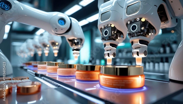 Fototapeta Automated Skincare Production in a Futuristic Factory