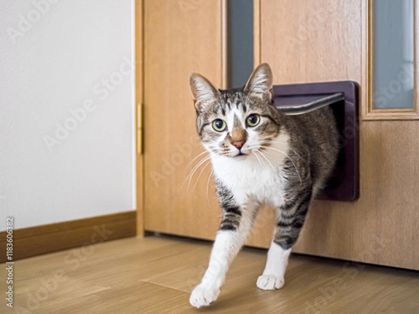 Obraz 猫用のドアから部屋に入る猫