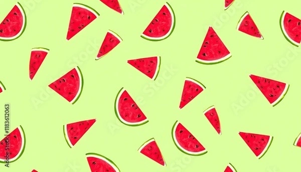 Fototapeta Red Watermelon Slices Pattern Light Green Background Summer Design