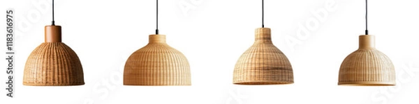 Fototapeta A collection of minimalist and contemporary wooden pendant lamps creating a warm and inviting atmosphere in a modern Scandinavian inspired interior design