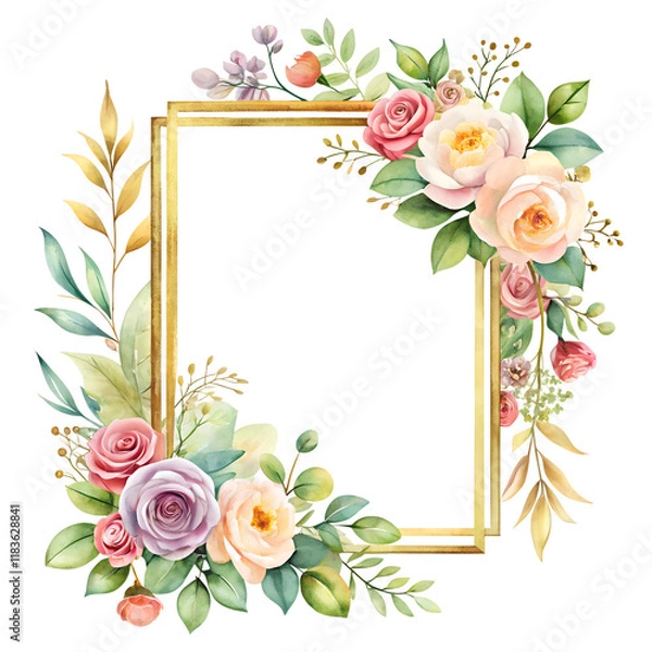 Fototapeta Golden frame and watercolor floral and leaf frame collection isolated on transparent background.
