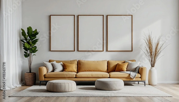 Fototapeta Modern Beige Living Room with Blank Frames and Cozy Seating
