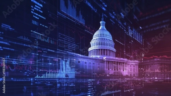 Fototapeta Illustration of a government budget influenced by economic policy, represented by digital charts and spending categories 