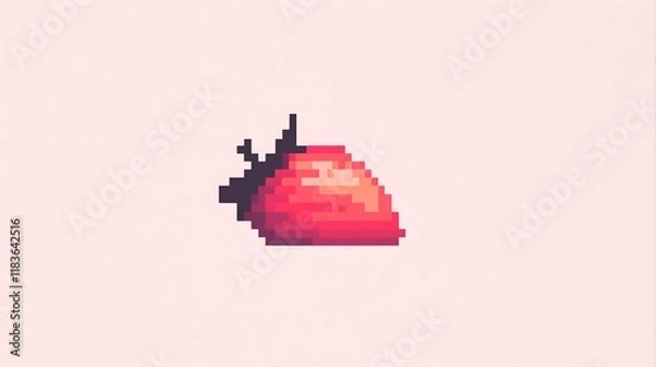Fototapeta Pixel art illustration of a vibrant red strawberry with a green leaf set against a soft pastel background, perfect for retro-themed designs or food-related projects.