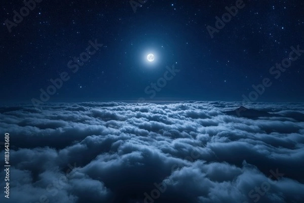 Fototapeta A serene view of the full moon illuminating a vast sea of clouds under a deep starry sky. The moonlight softly highlights the contours of the clouds