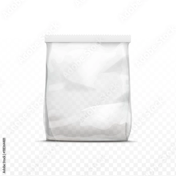 Fototapeta Vector White Vertical Sealed Empty Transparent Plastic Bag for Package Design  Close up Isolated on Transparent  Background
