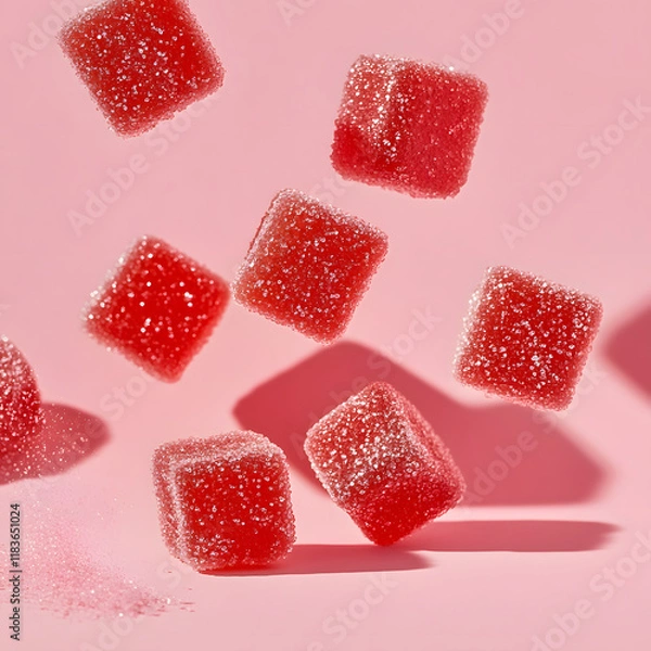 Obraz Delicious red gummy candies floating against pink background, showcasing their sugary texture and vibrant color. Perfect for sweet treats and candy lovers