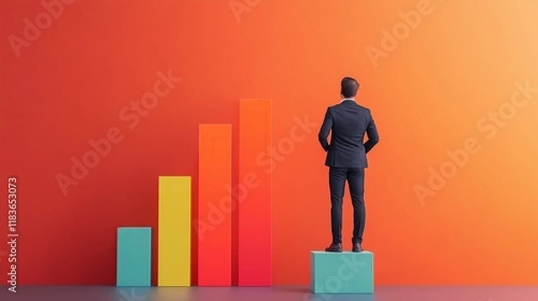 Fototapeta successful  goals  wealth achievement concept. A businessman standing on blocks, observing growth charts against an orange background.