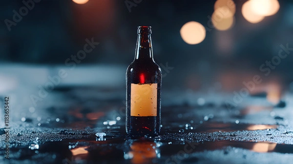 Fototapeta Close-up of a shattered glass bottle with spilled liquid, symbolizing the dangers of alcohol, on a dark background with copy space. Alcohol abuse, addiction, and health risks concept.