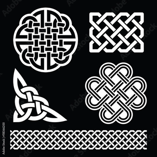 Fototapeta Celtic white knots, braids and patterns on black background - St Patrick's Day