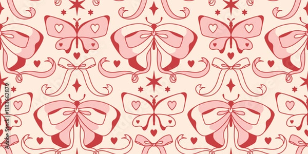 Fototapeta Charming coquettish seamless background. Bohemian pink butterflies, moths, adorable bows, and decorative ribbons. Romantic wonderland. Vintage spring aesthetic. Feminine vibe