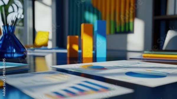Fototapeta a vibrant financial business concept featuring colorful bar graphs and intricate data charts on a sleek office desk