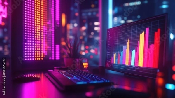 Fototapeta a vibrant financial business concept featuring colorful bar graphs and intricate data charts on a sleek office desk