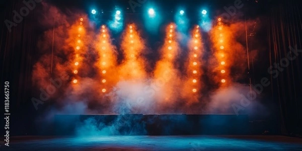Fototapeta Illuminated stage with dynamic lighting and smoke effects, perfect for creative, concert, or theater-related content.