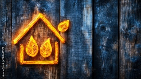 Fototapeta Glowing Eco-Friendly House Symbol on Rustic Wooden Background