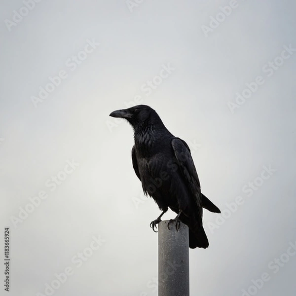 Fototapeta A crow perched on a lamppost, silhouetted sharply against a white background.

