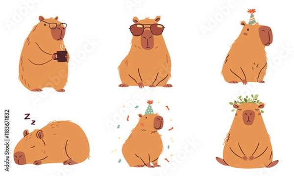 Fototapeta A set of flat vector illustrations in a simple children's style. Cute capybaras in different poses, meditates, wearing sunglasses, office worker and others . Vector illustration