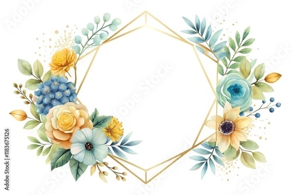 Fototapeta Blue flower frame background with watercolor 