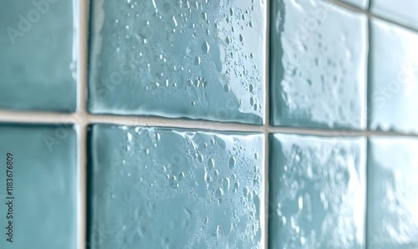 Fototapeta water droplets on blue wall tile close up, Generative AI