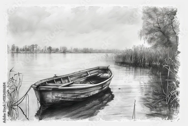 Obraz A tranquil black and white sketch of a wooden boat on a calm lake surrounded by reeds and trees.