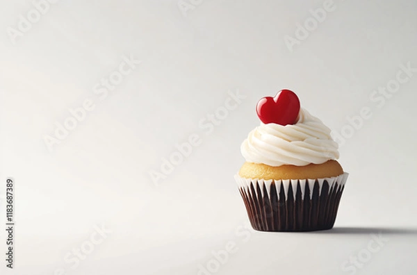 Fototapeta Vanilla cupcake muffin with a red heart on whipped cream on a white background. Design template for love, sweets, poster, and cards for party, birthday and Valentine's day with place for text.