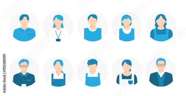 Fototapeta 介護職や福祉職や保育などの施設で働くケアワーカーのアイコンセット。丸背景。切り抜き。