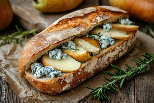 Fototapeta Ciabatta with blue cheese pears and rosemary on a rustic wooden table seen from below