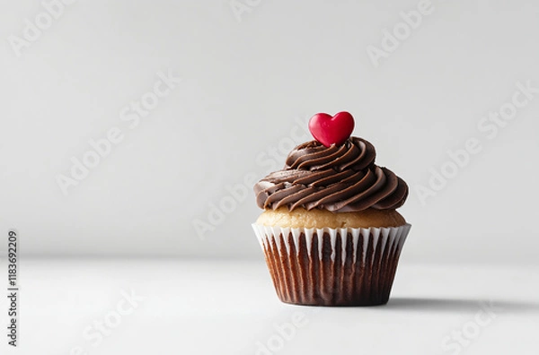 Obraz Vanilla cupcake muffin with a red heart on whipped mocha mousse on white background. Design template for love, sweets, poster, and cards for party, birthday and Valentine's day with place for text.
