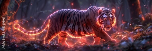 Fototapeta A vibrant, glowing tiger roams through a mystical forest, showcasing its enchanting beauty amidst nature's wonders.
