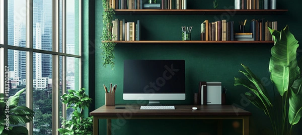Obraz 都会の景色を望むモダンなホームオフィス